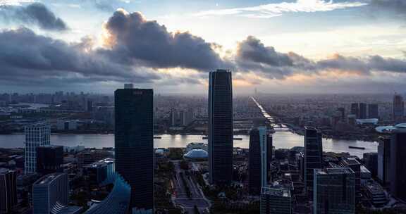 上海徐汇滨江西岸传媒港航拍日出延时