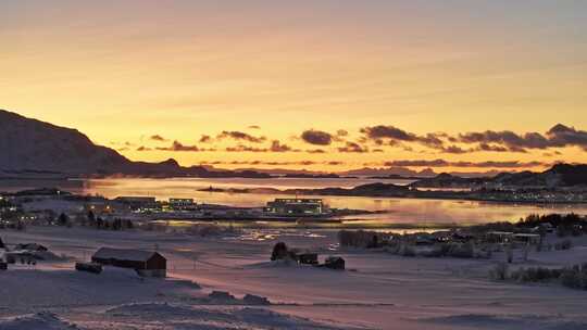 挪威罗弗敦群岛北极圈雷纳冬季雪景高空航拍