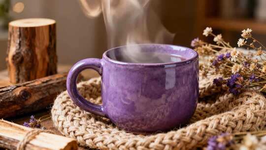 针织垫上热气腾腾紫色马克杯温暖治愈视频