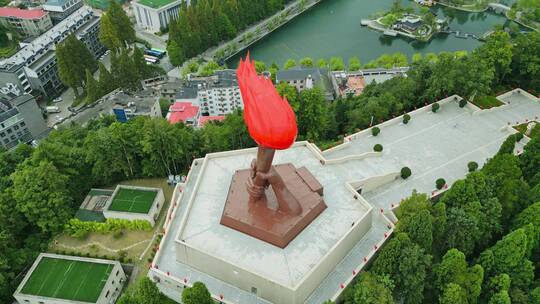 航拍井冈山红色建筑雕像