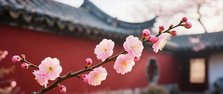 古建筑前绽放的粉色梅花