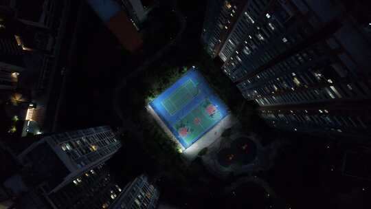 夜晚城市小区篮球场航拍视频素材模板下载