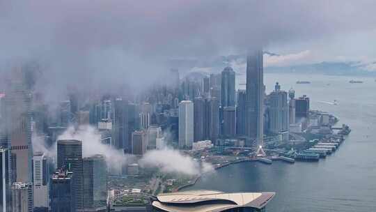 香港维多利亚港CBD中环日出高空航拍