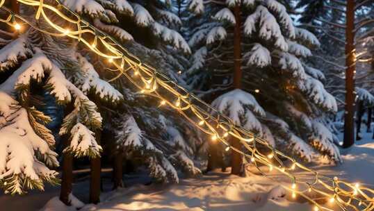 雪松林间的节日装饰彩灯