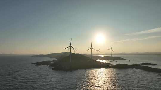 大海日出风车航拍海岛海上发电海洋风力发电