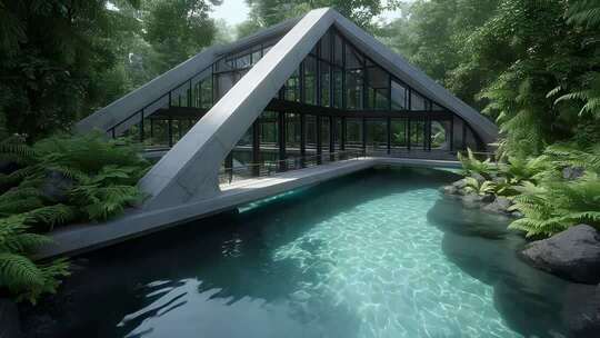 雨林溪流环绕的现代主义建筑