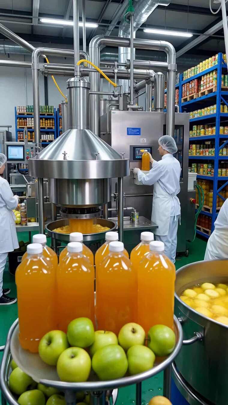 工厂果汁生产流水线作业