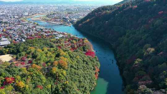 秋天的桂河和船。日本京都岚山