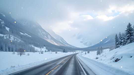 4k多云天空下的雪山道路舞台背景粒子