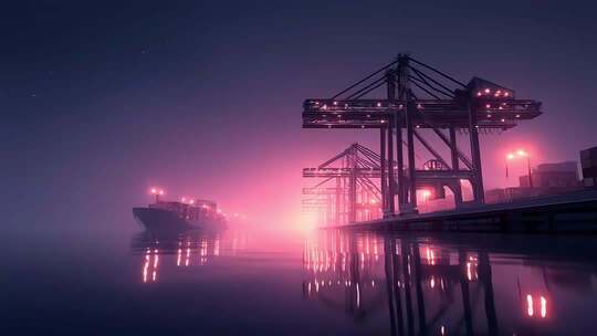 夜色笼罩下的港口集装箱运输繁忙景象