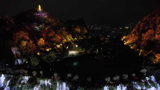 柳州盘龙公园瀑布流水夜景航拍