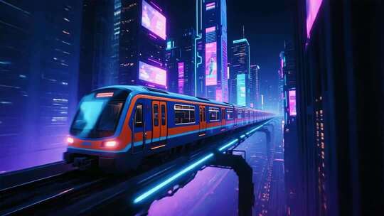 赛博朋克风格城市地铁穿梭画面