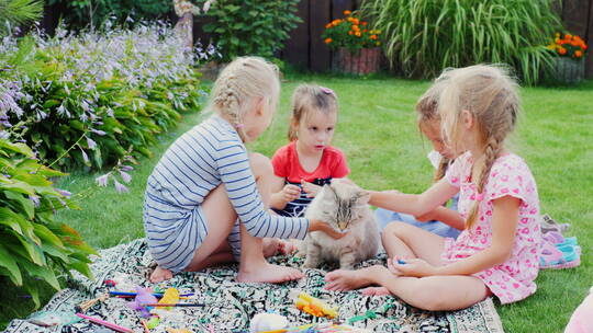 四个小女孩和一只大猫在庭院里玩