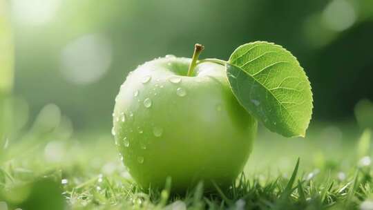 草地上带水珠的青苹果