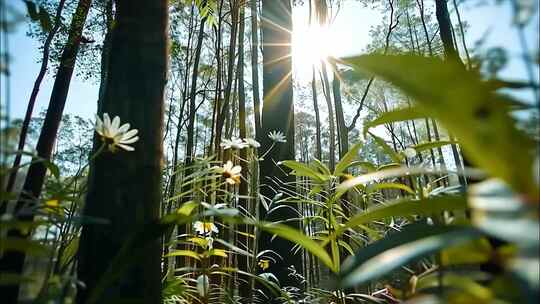 森林清晨植物树林阳光大自然生态树叶风景风