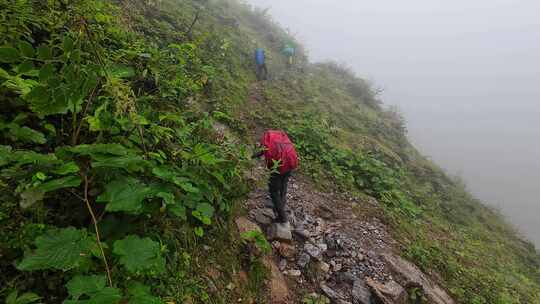 攀登四川第二高峰中山峰的登山队徒步进山