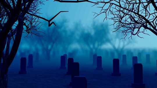 夜晚穿越万圣节充满墓碑的恐怖坟场和小树林