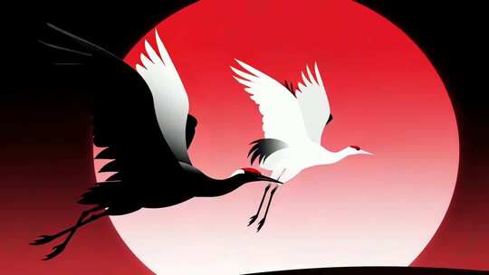 双鹤飞于红月背景素材