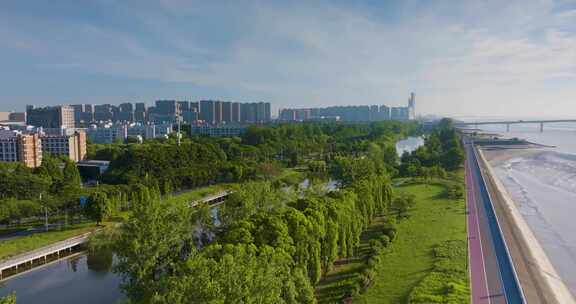 杭州下沙大学城清晨风光航拍