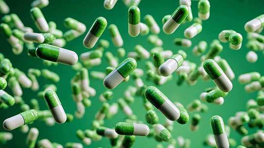 绿色背景下飞舞的胶囊素材