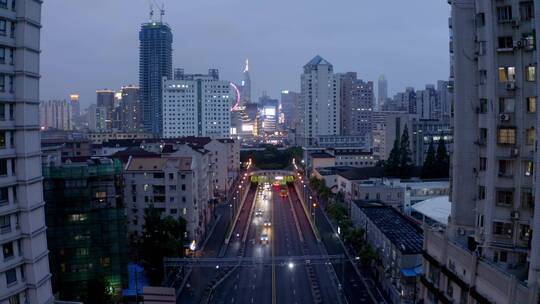 航拍上海夜景街道高楼