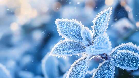 4K冬天树枝花蕊叶子结冰雪景