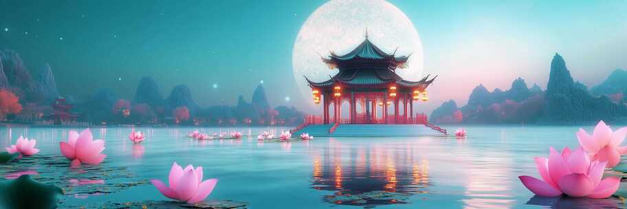 满月下中式亭子与莲花的唯美夜景