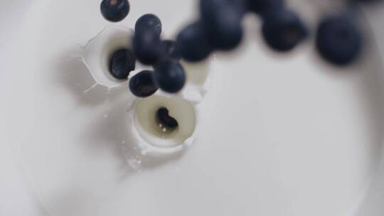 一颗颗新鲜的蓝莓落入牛奶中