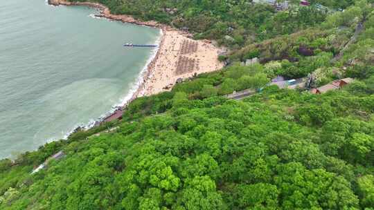 海岸边绿意盎然的山景与平静海面