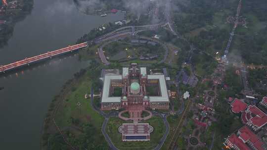 马来西亚布城粉色水上清真寺建筑景观航拍