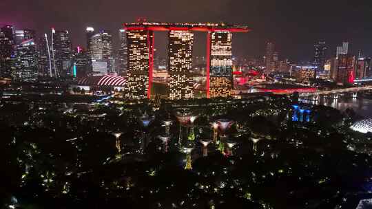 新加坡滨海湾金沙海滨花园奥林匹克夜景航拍