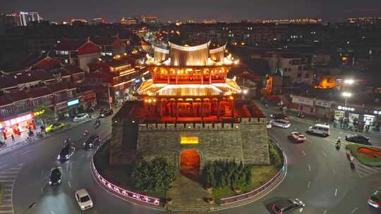 福建泉州朝天门古建筑泉州地标夜景夜晚航拍