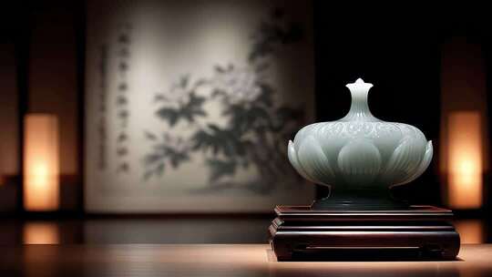 典雅青玉莲花造型瓶静置于古色案台之上