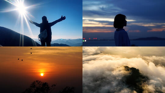 夏天风景大自然森林日出晚霞海边人物背影