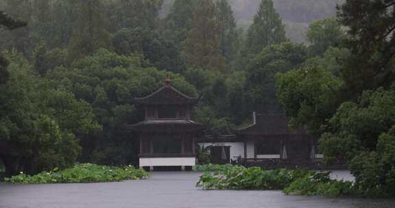 夏季雨中中式园林庭院屋檐雨滴