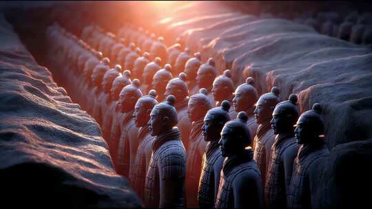 日落光辉下的秦始皇兵马俑军阵