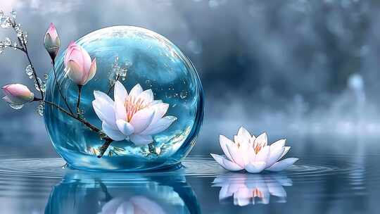 水映花影晶莹剔透自然之美水中倒影花朵漂浮