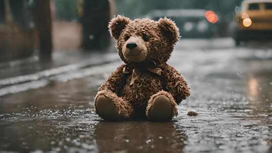 雨中被遗弃的孤独小熊