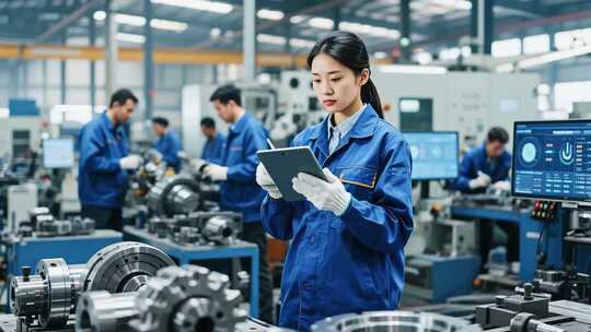 工厂女工操作记录工业场景