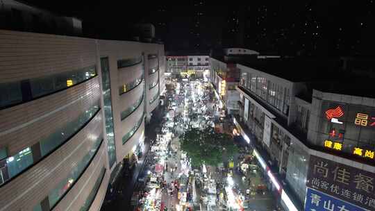 城市夜市步行街夜景人流航拍