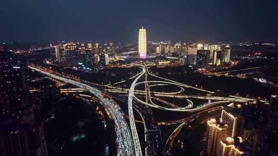 郑州千玺广场下班立交桥高峰堵车夜景航拍