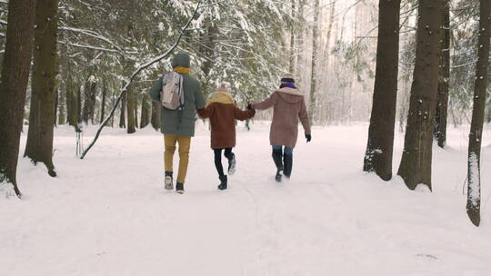 冬季雪林中行走的快乐家人