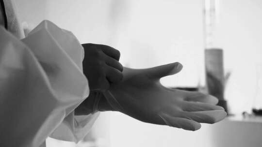 医生在手术室戴上外科手套准备做手术