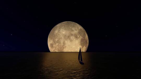 月亮海洋下的小帆船