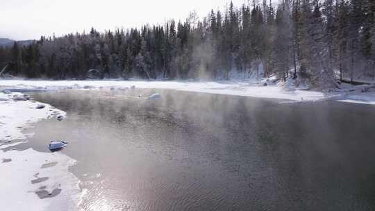 航拍新疆冬季喀纳斯神仙湾晨雾雪山森林雪景