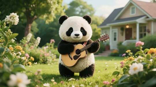 熊猫玩偶户外弹吉他画面
