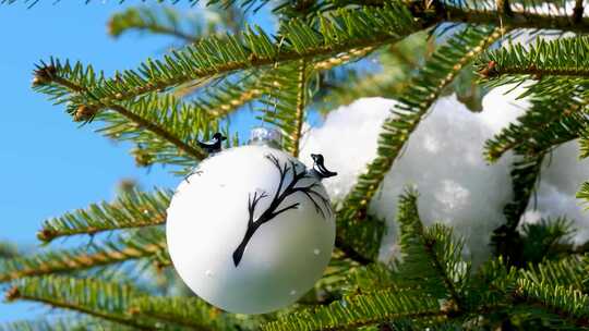 圣诞树上的积雪和装饰彩球