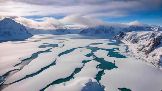 高空俯瞰雪山冰湖美景