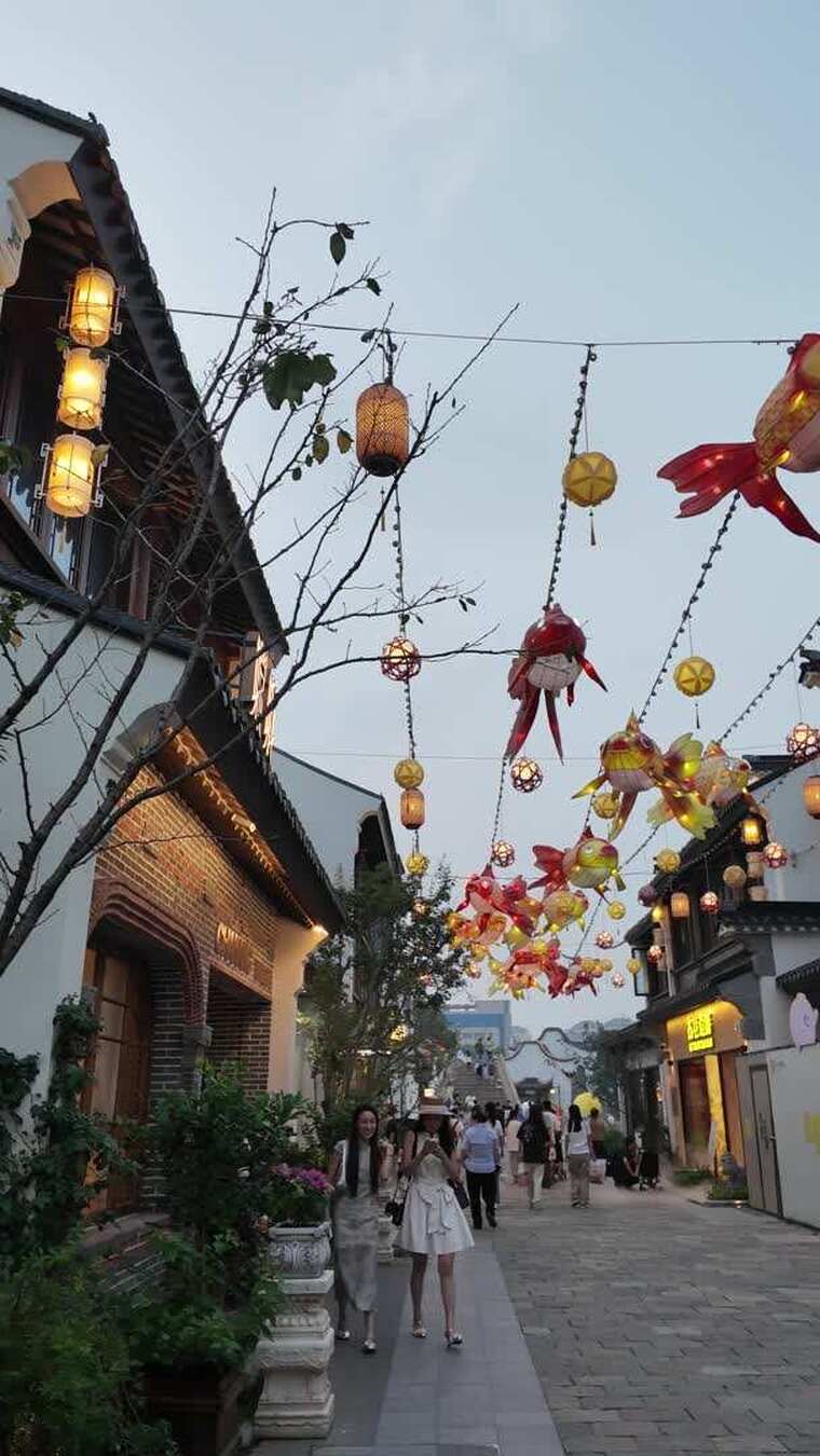 古街行人与装饰灯笼场景