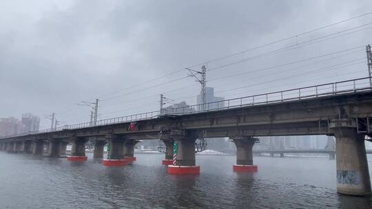 铁路桥河流下雪视频素材模板下载